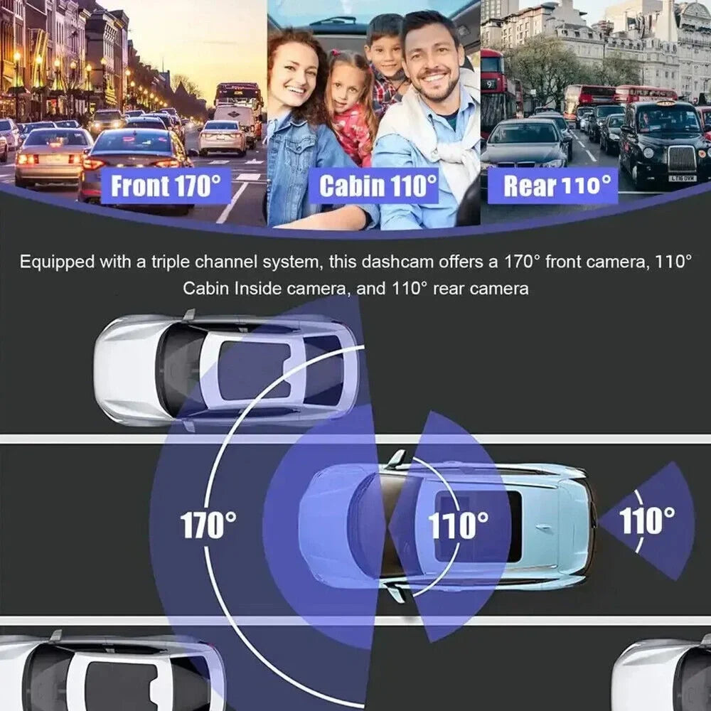 Onemayship High Definition 1080P 3-in-1 In-Car Camera Sizeystem Front Rear Inside Crisp Video Recording G-sensor