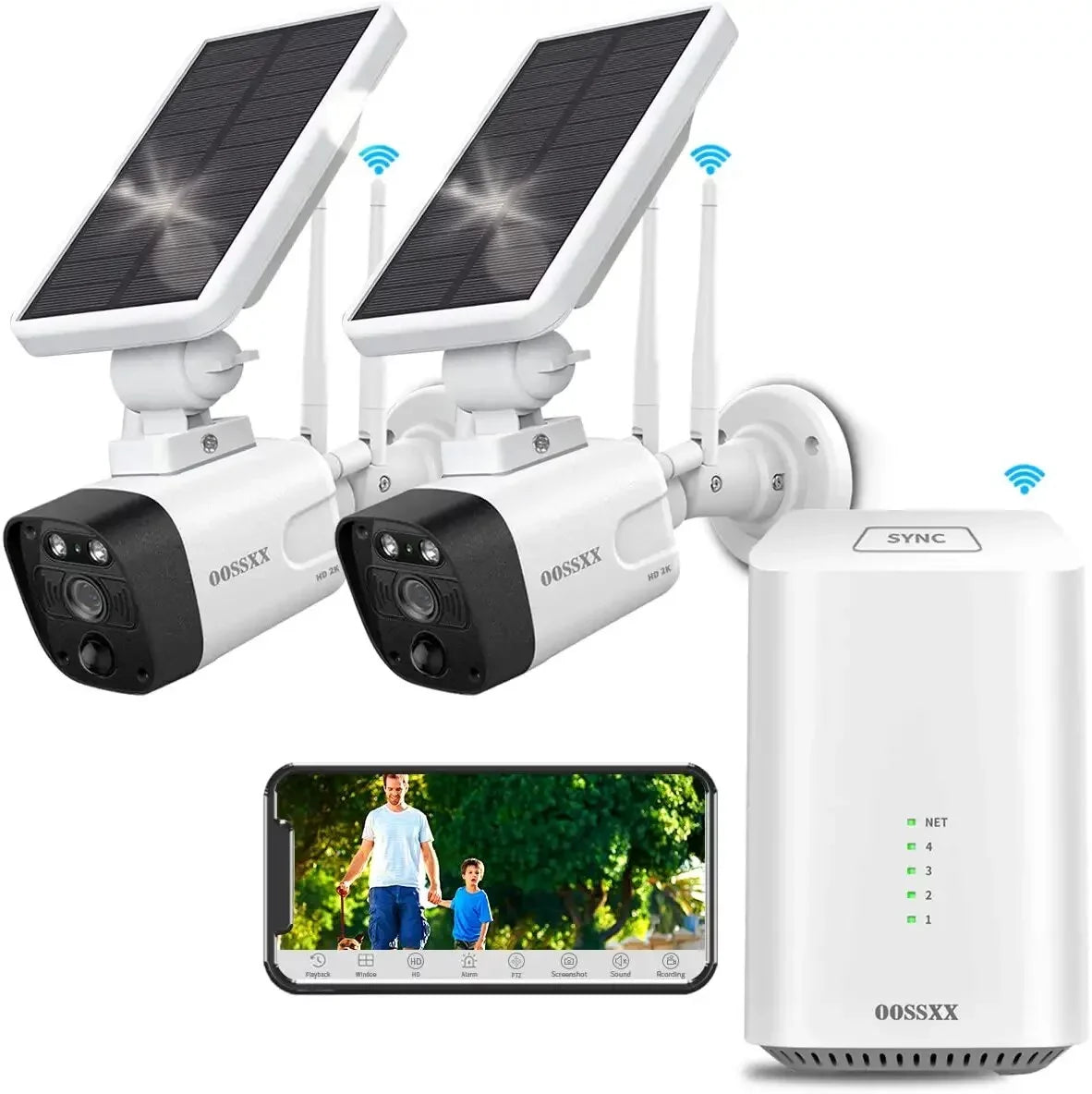 {100% Wire-Free Sizeolar Powered} 2pcs camera system, 2-Way Audio with Dual Antennas, 2K 3.0MP Sizeolar Powered Wireless Camera with Rechargeable Batteries