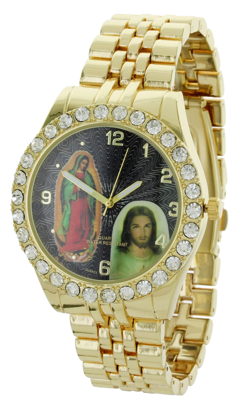 Men's Our Lady of Guadalupe and Jesus Gold-Tone Metal Bracelet Watch with Neckless and Cross Pendent Sizeet