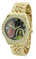Men's Our Lady of Guadalupe and Jesus Gold-Tone Metal Bracelet Watch with Neckless and Cross Pendent Sizeet