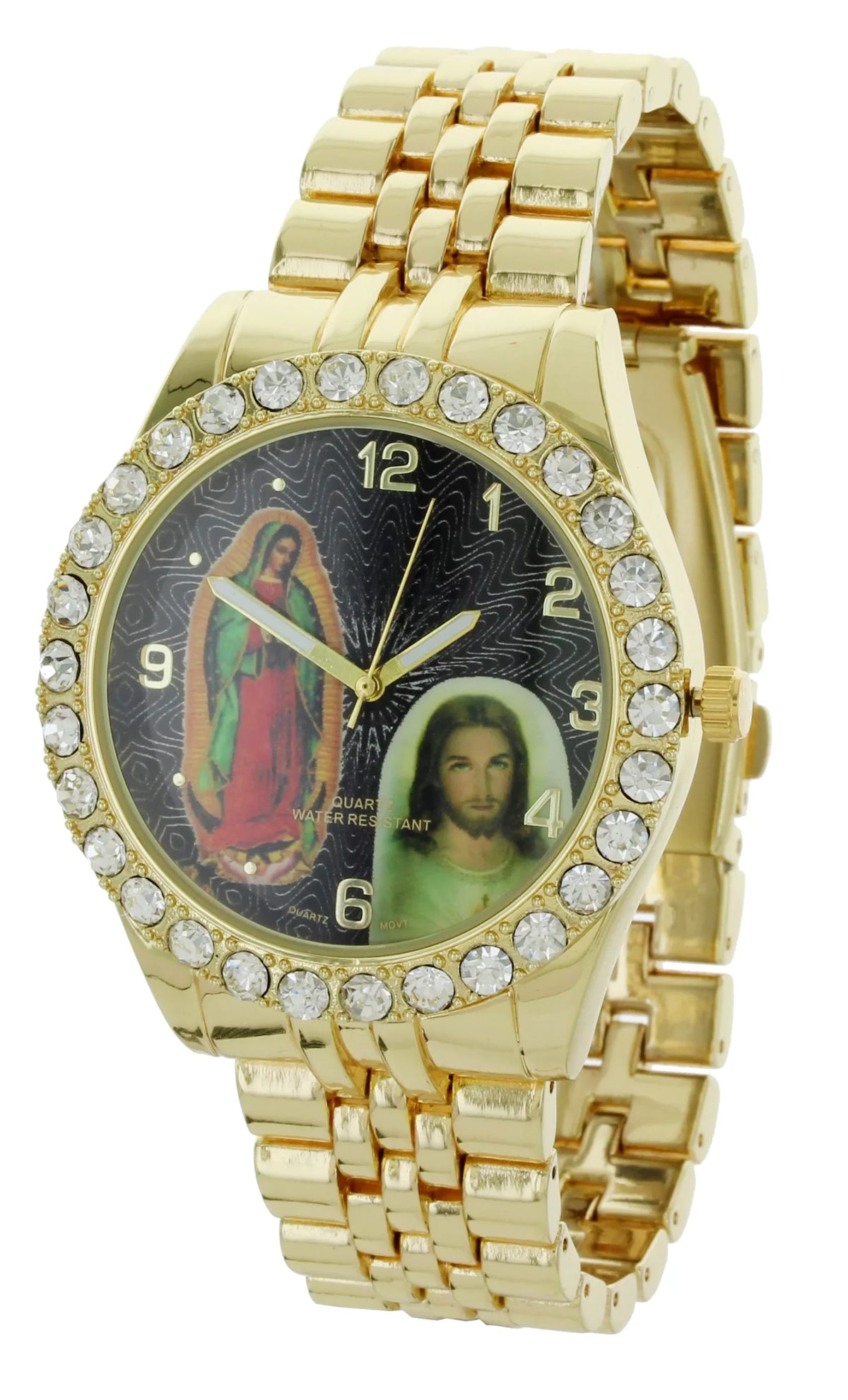 Men's Our Lady of Guadalupe and Jesus Gold-Tone Metal Bracelet Watch with Neckless and Cross Pendent Sizeet