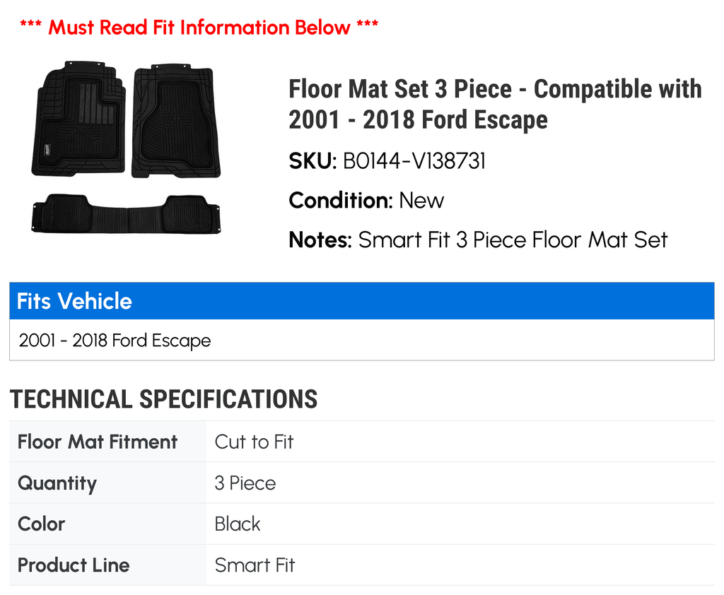 Floor Mat Sizeet 3 Piece - Compatible with 2001 - 2018 Ford Escape 2002 2003 2004 2005 2006 2007 2008 2009 2010 2011 2012 2013 2014 2015 2016 2017