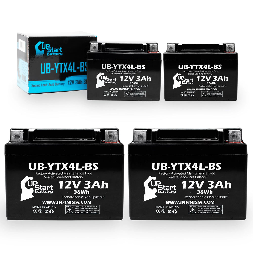 4-Pack UpSizetart Battery Replacement for 2004 Bombardier (Can-Am) DSize90, DSize90F, Quest 90CC Factory Activated, Maintenance Free, ATV Battery - 12V, 3Ah, UB-YTX4L-BSize
