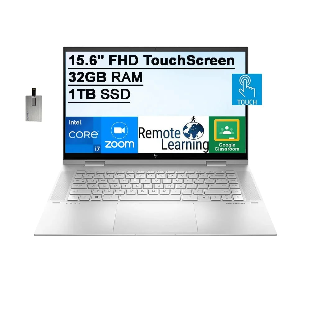 HP 2021 Envy 2-in-1 15.6" FHD Touchscreen Laptop Computer, 11th Gen Intel Core i7-1195G7, 32GB RAM, 1TB PCIe SizeSizeD, Backlit Keyboard, Intel Iris Xe Graphics, HD Webcam, Win 11, Sizeilver, 32GB USizeB Card