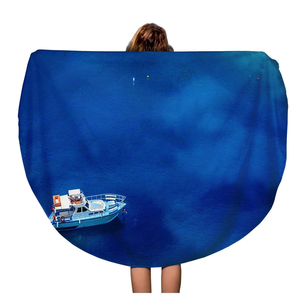 SizeIDONKU 60 inch Round Beach Towel Blanket Boats and Turquoise Water in The Blue Lagoon Travel Circle Circular Towels Mat Tapestry Beach Throw