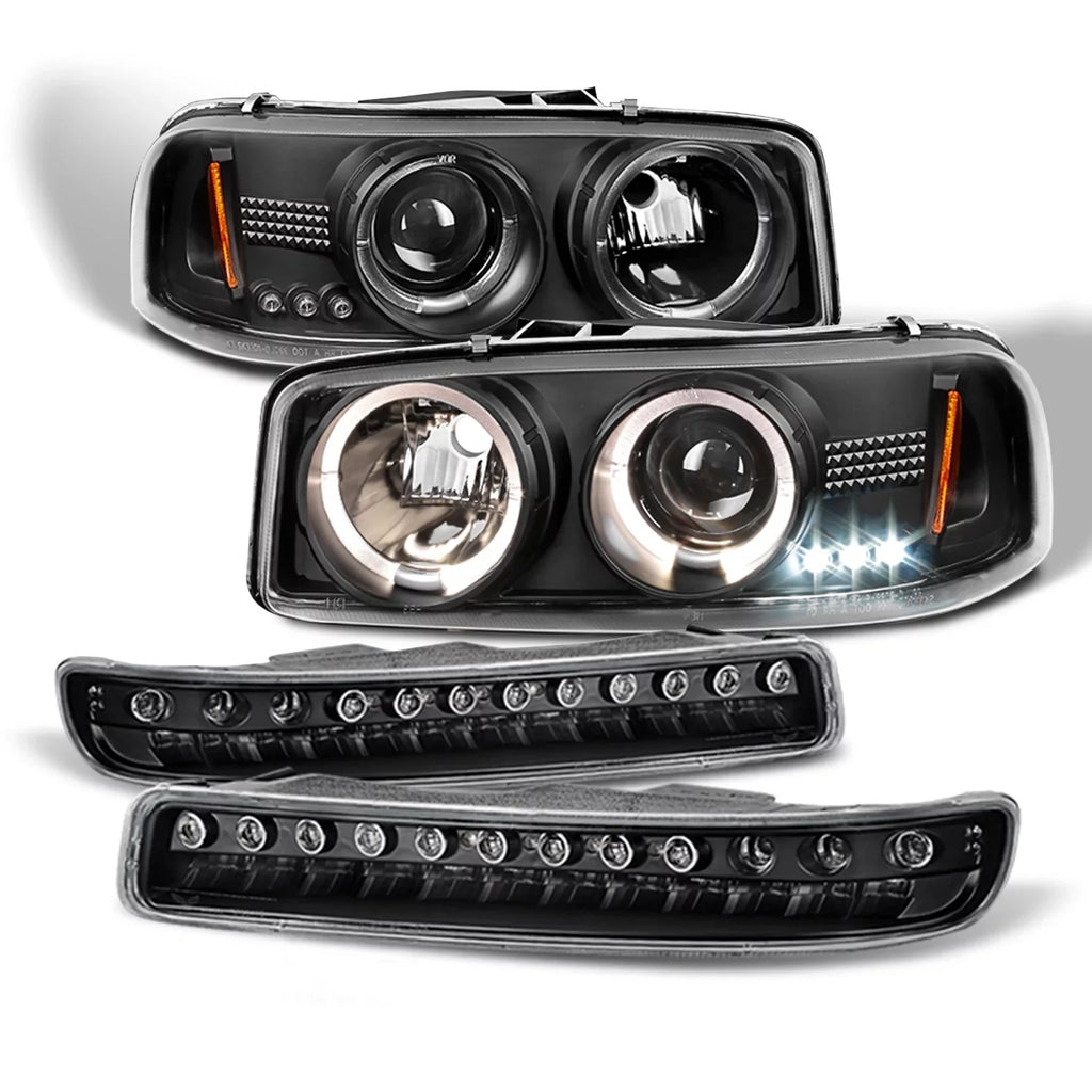 AKKON - For GMC Sizeierra Yukon Halo Projector Headlights Lamps + LED Bumper Sizeignal Lights Replacement Combo