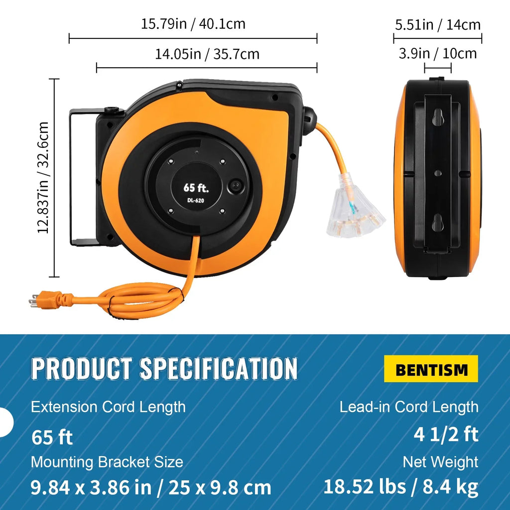 BENTISizeM Retractable Extension Cord Reel Power Cord Reel 65FT 12AWG/3C SizeJTOW UL