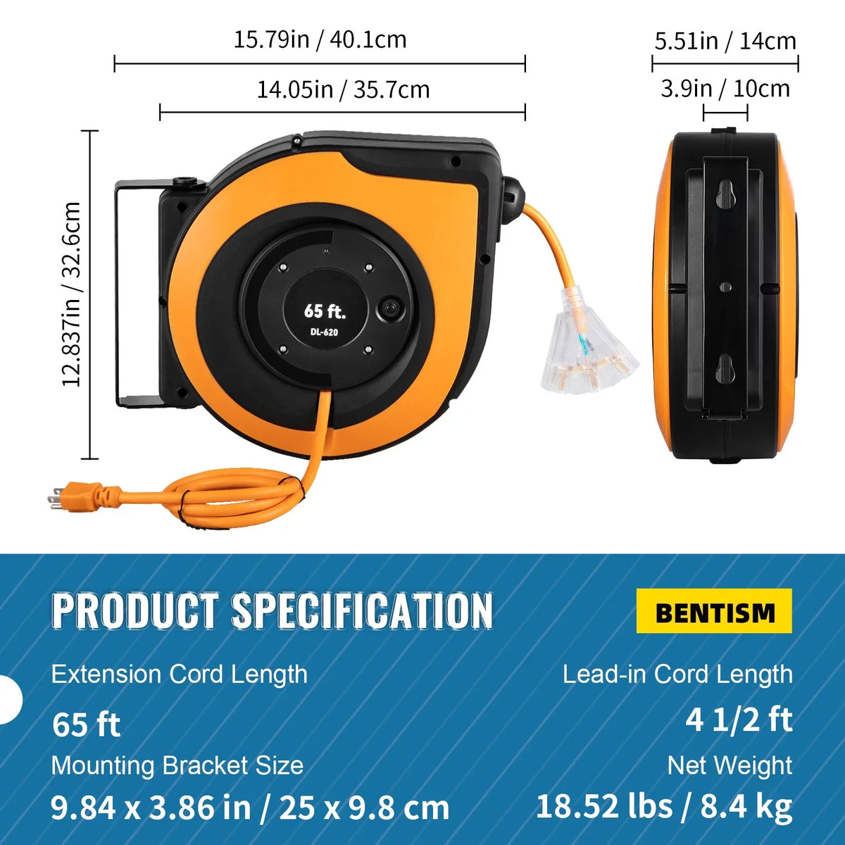BENTISizeM Retractable Extension Cord Reel Power Cord Reel 65FT 12AWG/3C SizeJTOW UL