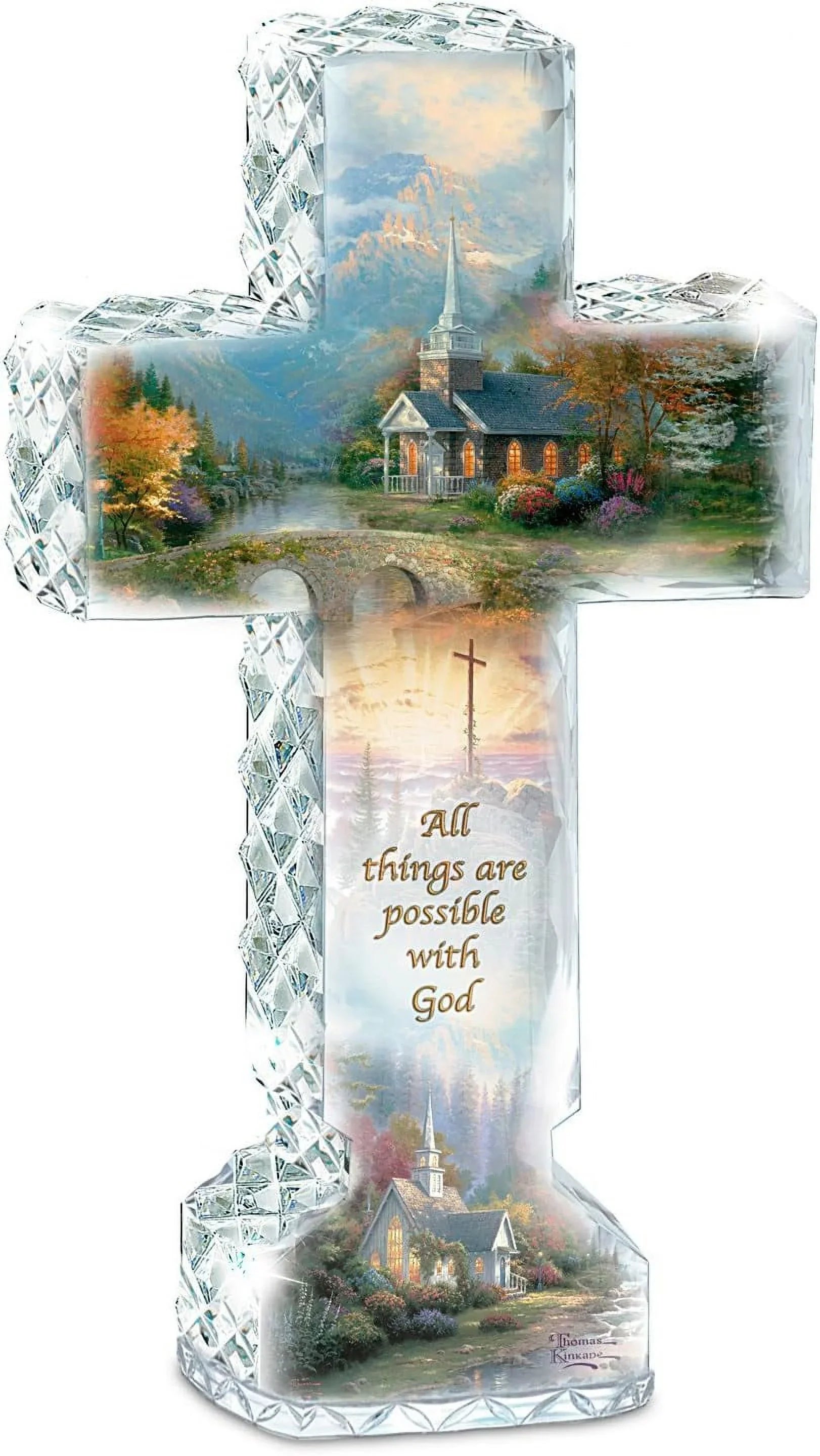 Kinkade Faceted Crystalline Cross With Chapel Art And Uplifting Message