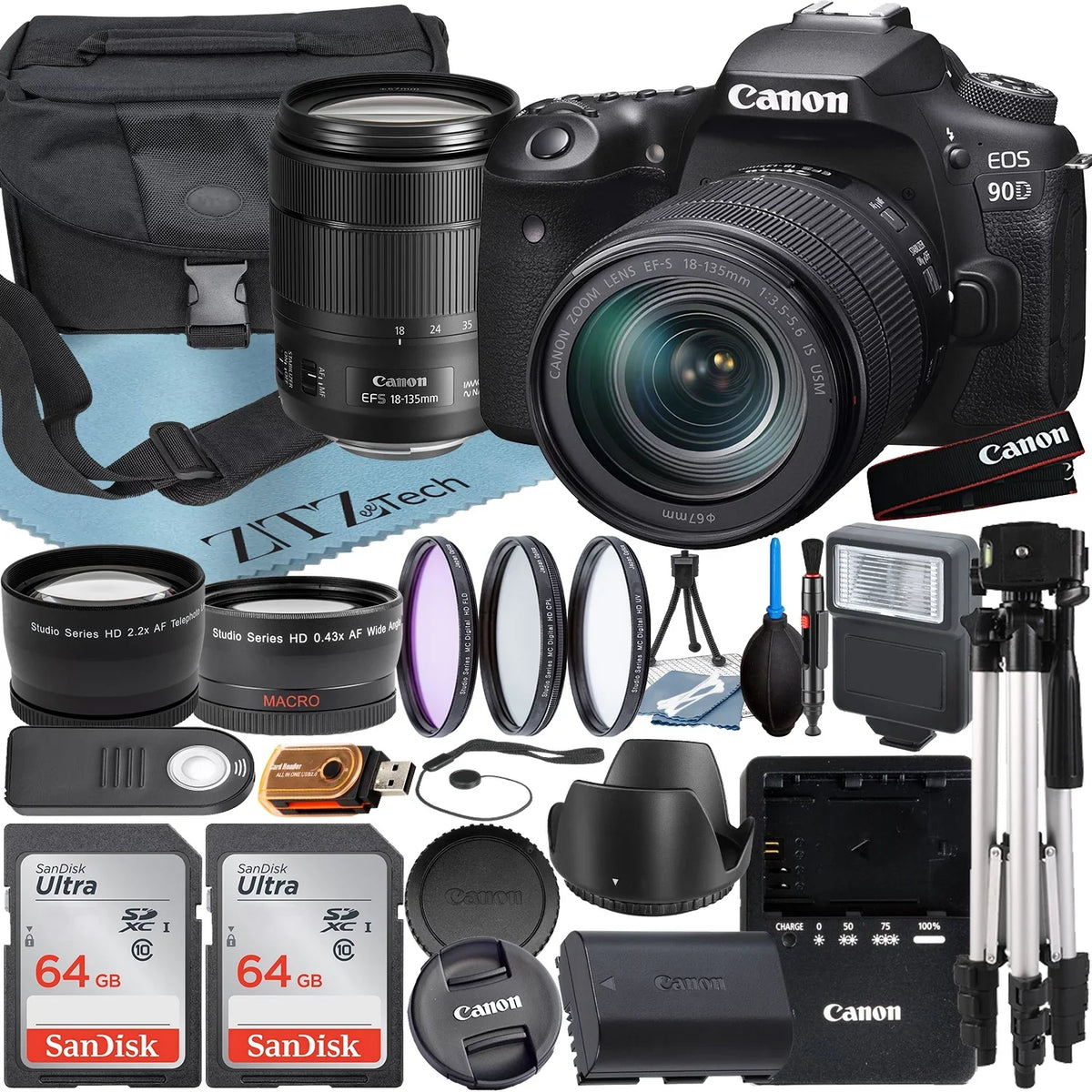 Canon EOSize 90D DSizeLR Camera with 18-135mm ISize USizeM Lens + SizeanDisk 64GB Card + Case + Wideangle + Tripod + ZeeTech Accessory Bundle