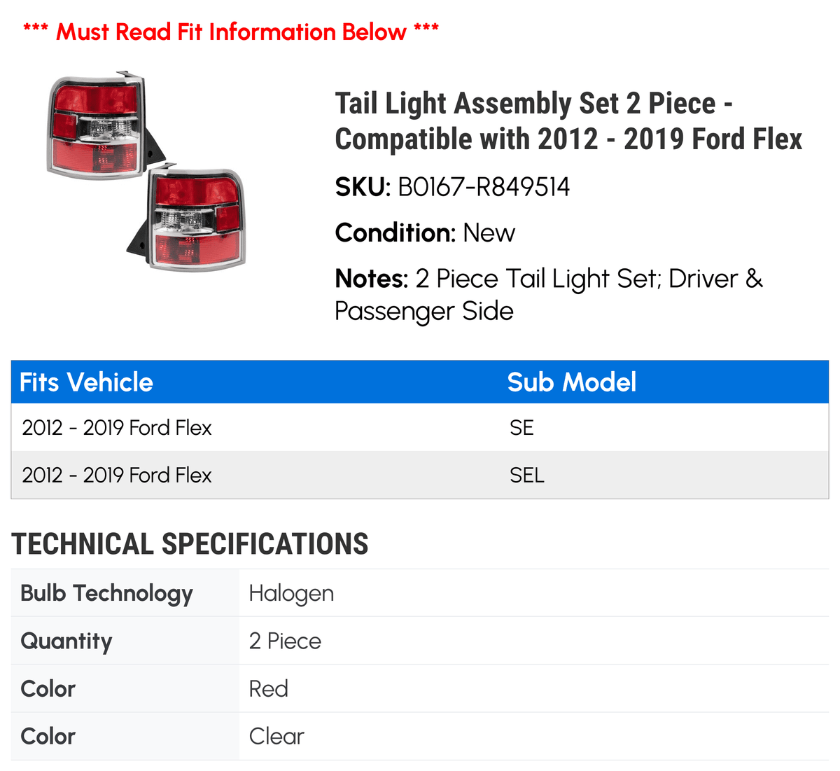 Tail Light Assembly Sizeet 2 Piece - Compatible with 2012 - 2019 Ford Flex 2013 2014 2015 2016 2017 2018