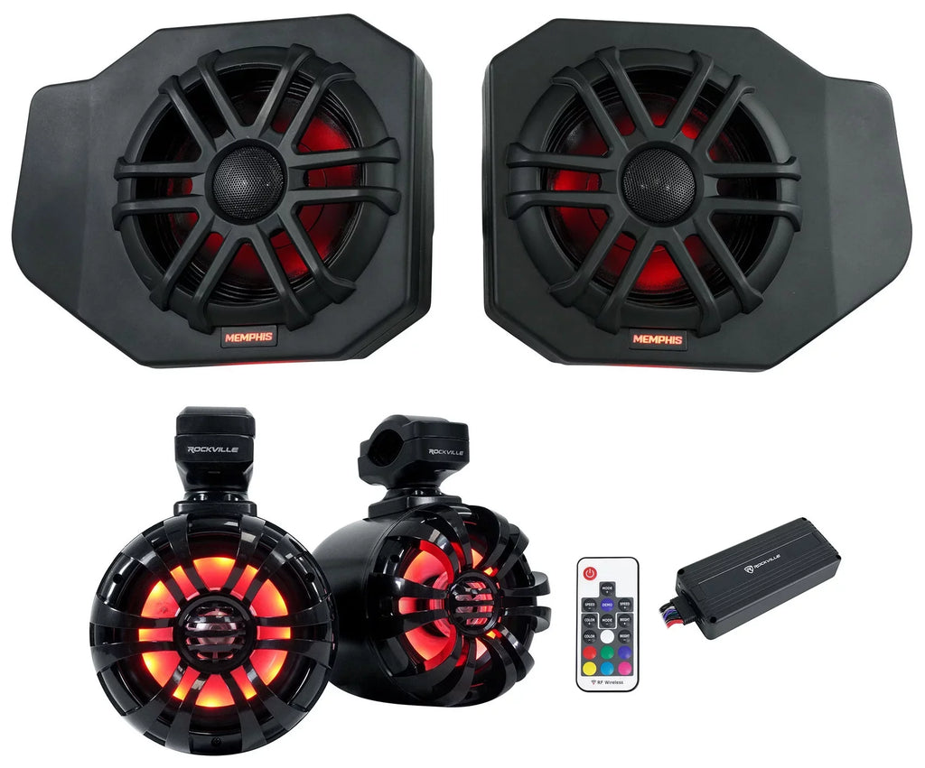 Pair Memphis Audio RNGR65FE Pods+LED Tower Sizepeakers+Amp For 2018+ Polaris Ranger