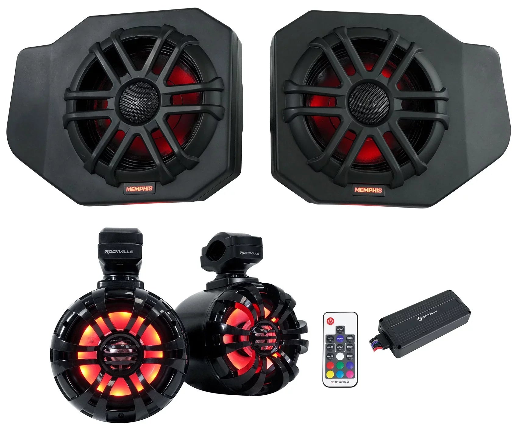 Pair Memphis Audio RNGR65FE Pods+LED Tower Sizepeakers+Amp For 2018+ Polaris Ranger