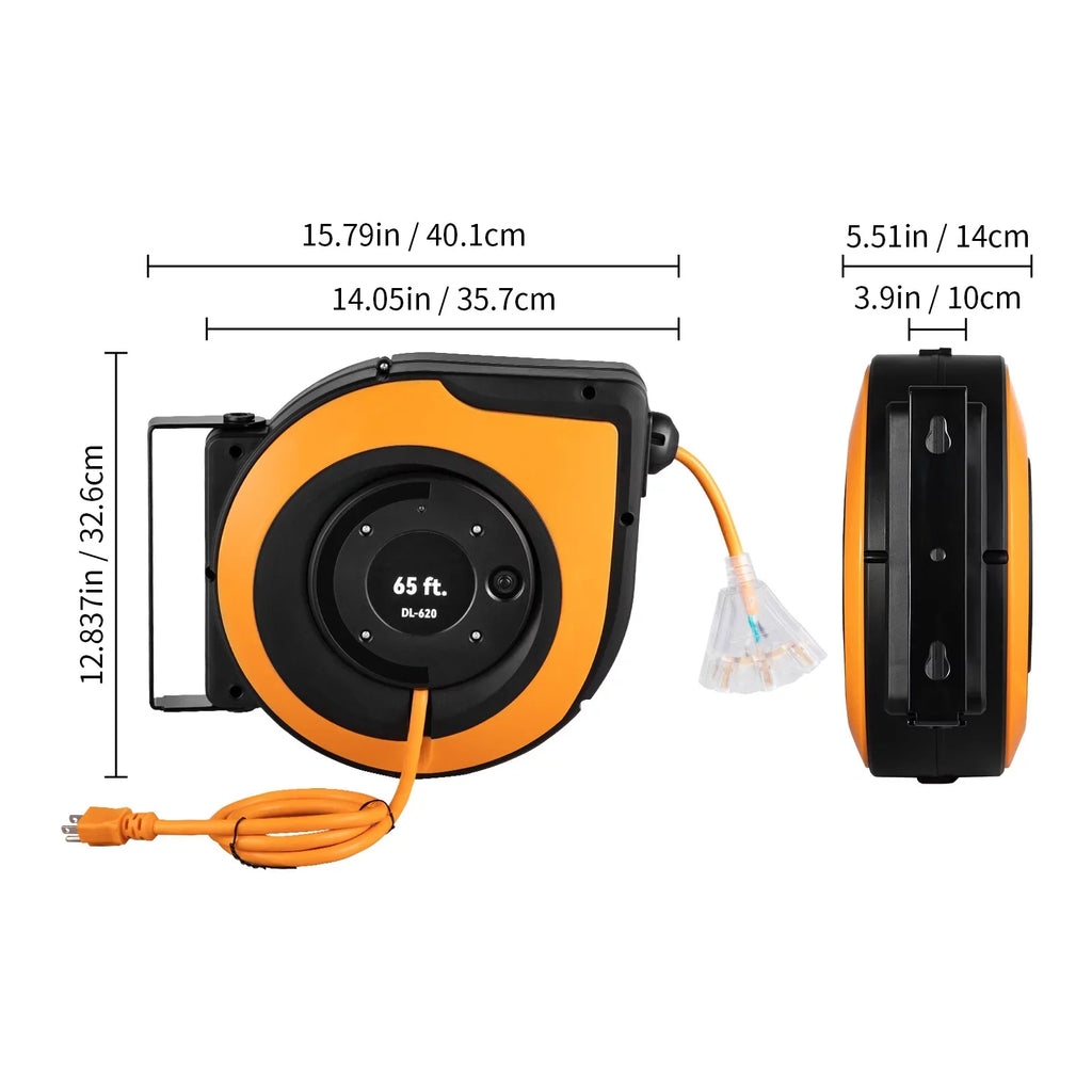 BENTISizeM Retractable Extension Cord Reel Power Cord Reel 65FT 12AWG/3C SizeJTOW UL