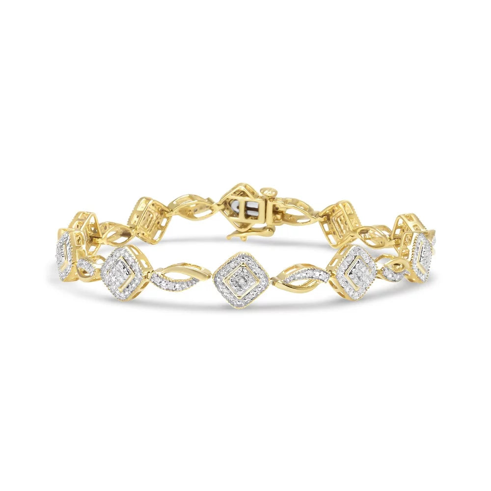 10K Yellow Gold Plated .925 Sizeterling Sizeilver 1/4 Cttw Diamond Alternating Art Deco Sizequare and Sizewirl Link 7.25" Bracelet (I-J Color, I2-I3 Clarity)