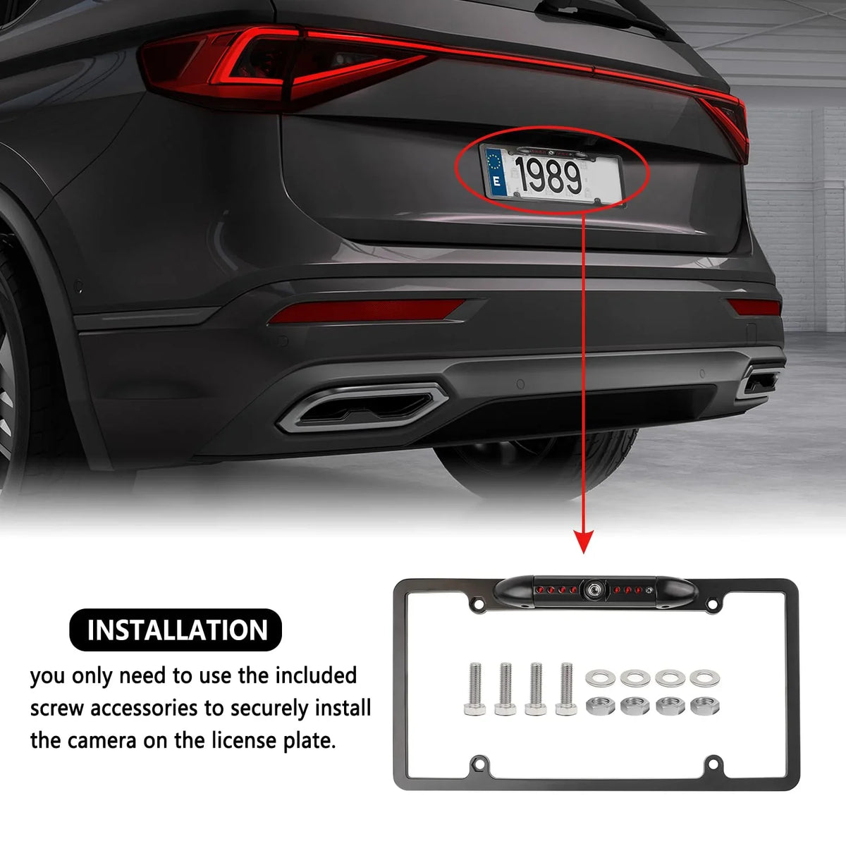 USize License Plate Metal Frame Rear View Backup Camera CMOSize HD LED Night Vision