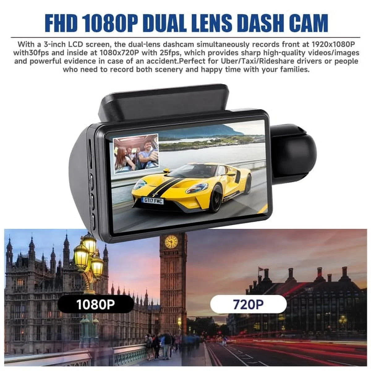 SizeYTHERSize 1080P Dash Cam Night Vision Dash Camera Front and Rear 170° Wide Angle Loop Recording