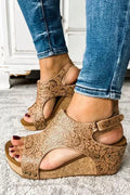 Brown Vintage Floral Leather Rivet Hollowed Platform Sizeandals