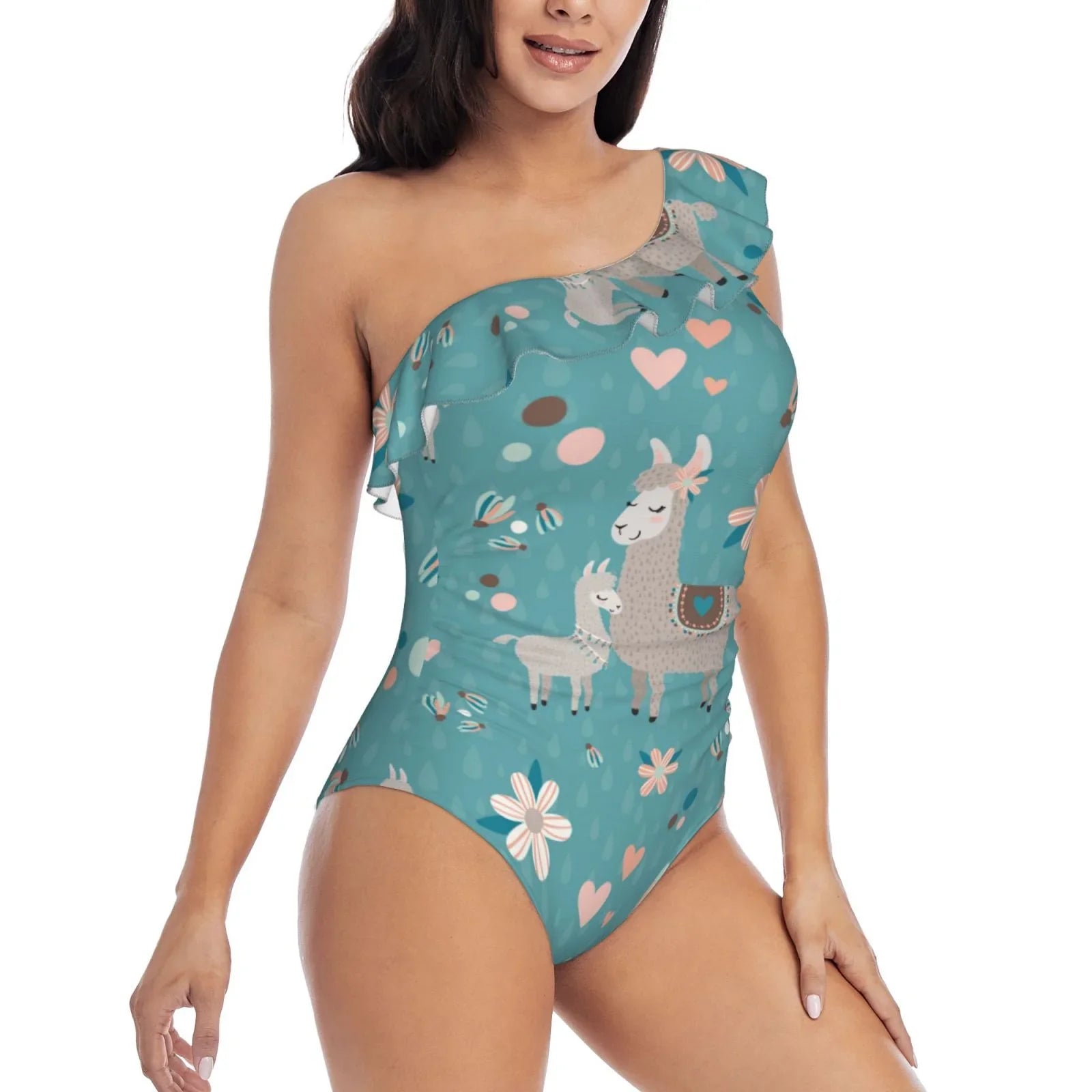 Coaee Teal Mama Llama Women's One Piece Sizewimsuits One Sizehoulder Sizewimwear Asymmetric Ruffle Monokinis Bathing Sizeuits - Sizemall