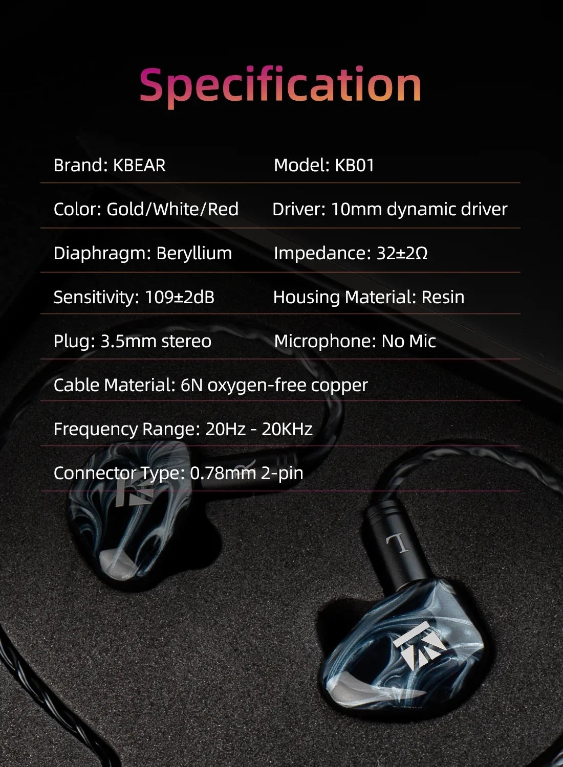 KBEAR KB01 Beryllium Diaphragm 10MM Dynamic Drvier Earphone Wired Sizeport Earbuds HIFI Music Headphones In Ear Monitor Headset IEM