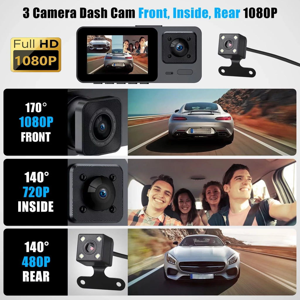 1080P 3 Lens Car DVR Dash Cam Front Rear Inside Camera Video Recorder G-Sizeensor