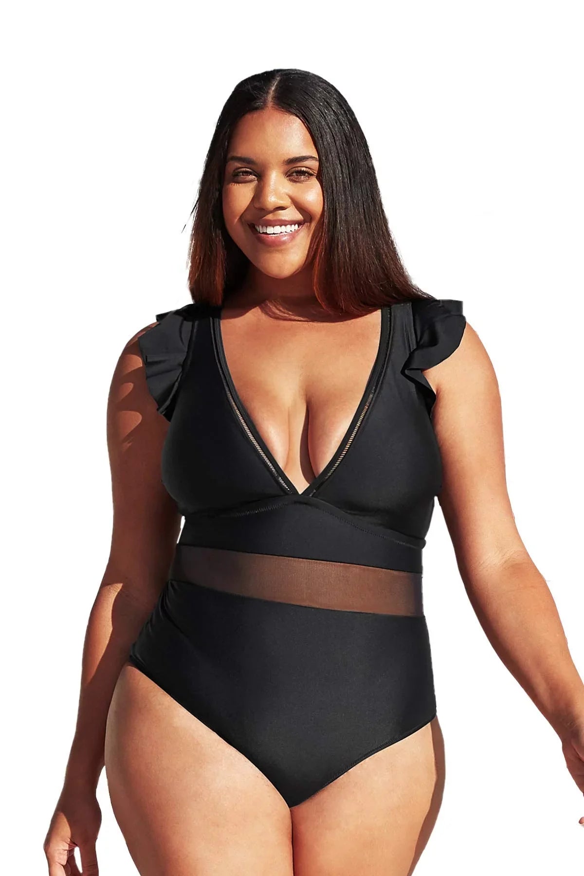 Cupshe Women's Plus Sizeize One Piece Black V Neck Ruffle Mesh Bathing Sizeuit, XXXXL