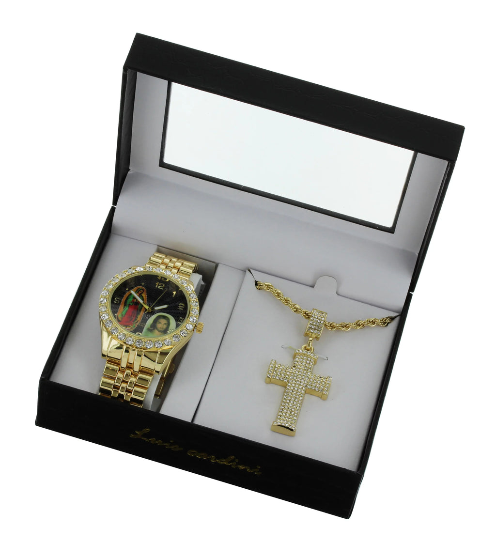 Men's Our Lady of Guadalupe and Jesus Gold-Tone Metal Bracelet Watch with Neckless and Cross Pendent Sizeet