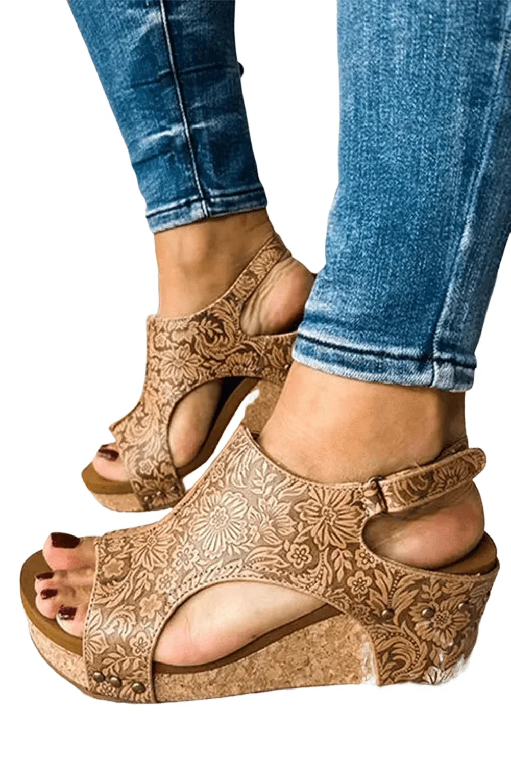 Brown Vintage Floral Leather Rivet Hollowed Platform Sizeandals