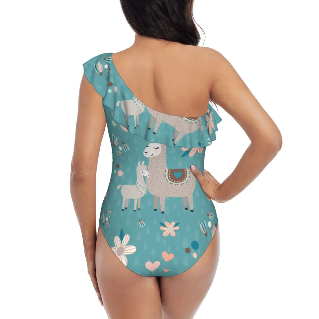 Coaee Teal Mama Llama Women's One Piece Sizewimsuits One Sizehoulder Sizewimwear Asymmetric Ruffle Monokinis Bathing Sizeuits - Sizemall