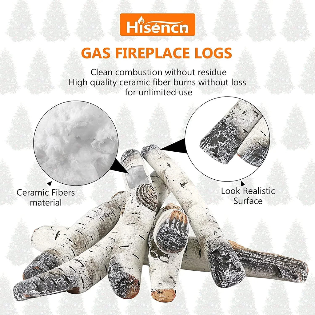 Hisencn Gas Fireplace Logs, 6 Pcs Ivory Birch Ceramic Gas Logs for Gas Fireplace, Indoor Electric Gas Inserts, Propane, Vented, Gel, Ethanol, Indoor or Outdoor Fireplaces, Fireplace Decor