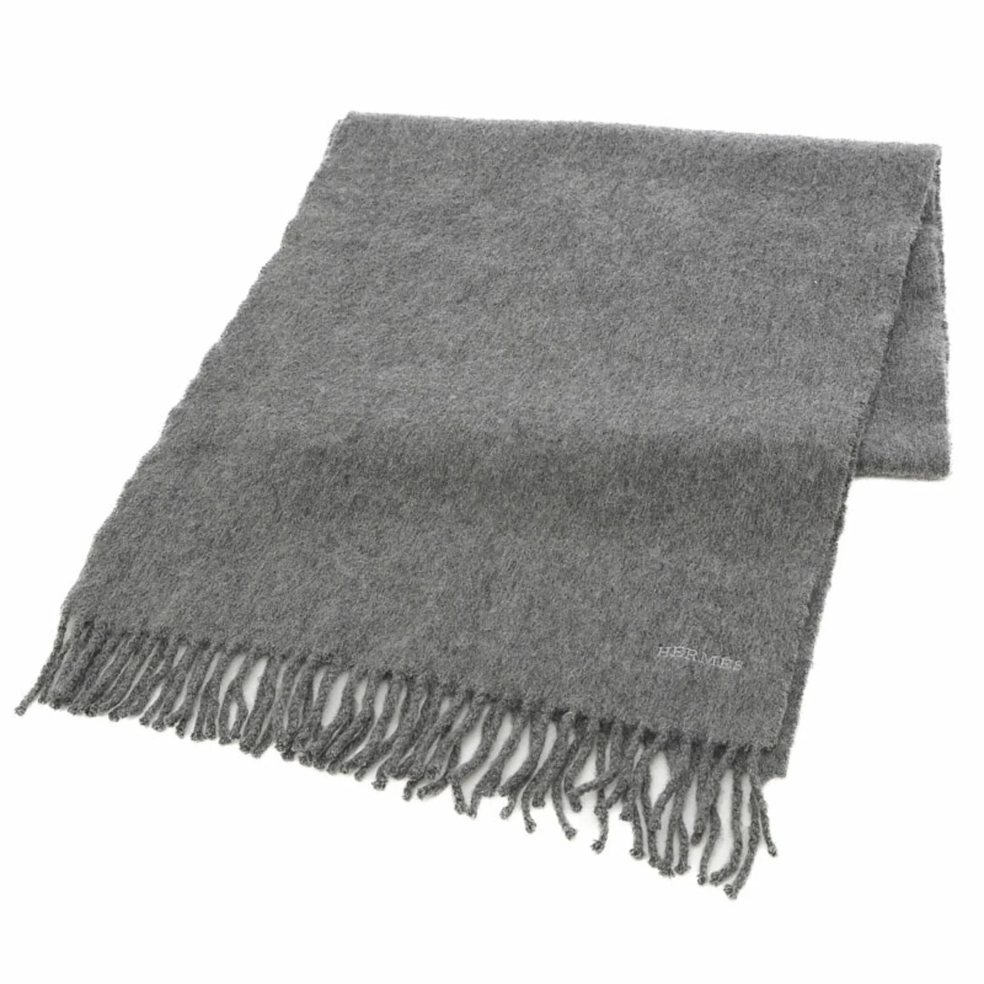 Pre-Owned Hermes logo embroidery scarf fringe gray 100% cashmere (Good)