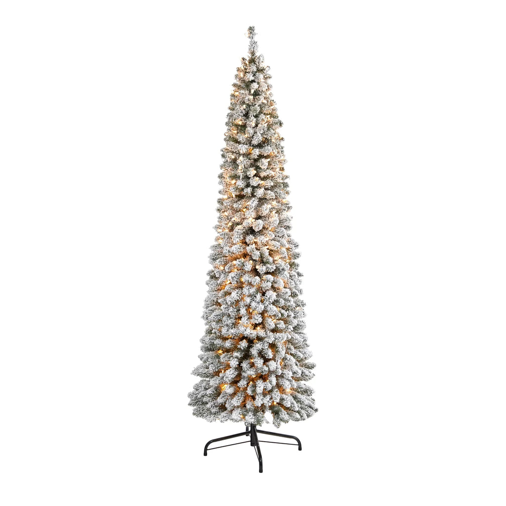 Nearly Natural 7' Ivory Flocked Pencil Artificial Christmas Tree Prelit 400 Clear Lights