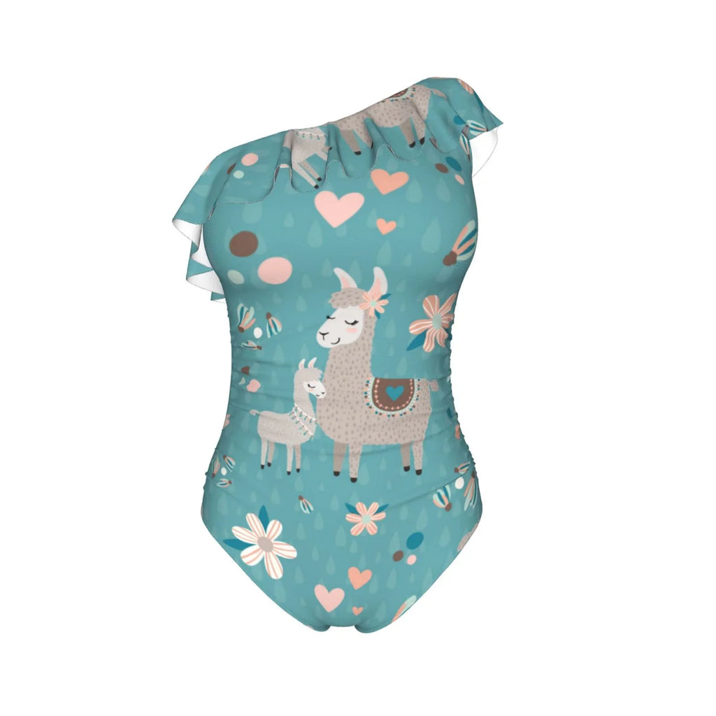 Coaee Teal Mama Llama Women's One Piece Sizewimsuits One Sizehoulder Sizewimwear Asymmetric Ruffle Monokinis Bathing Sizeuits - Sizemall