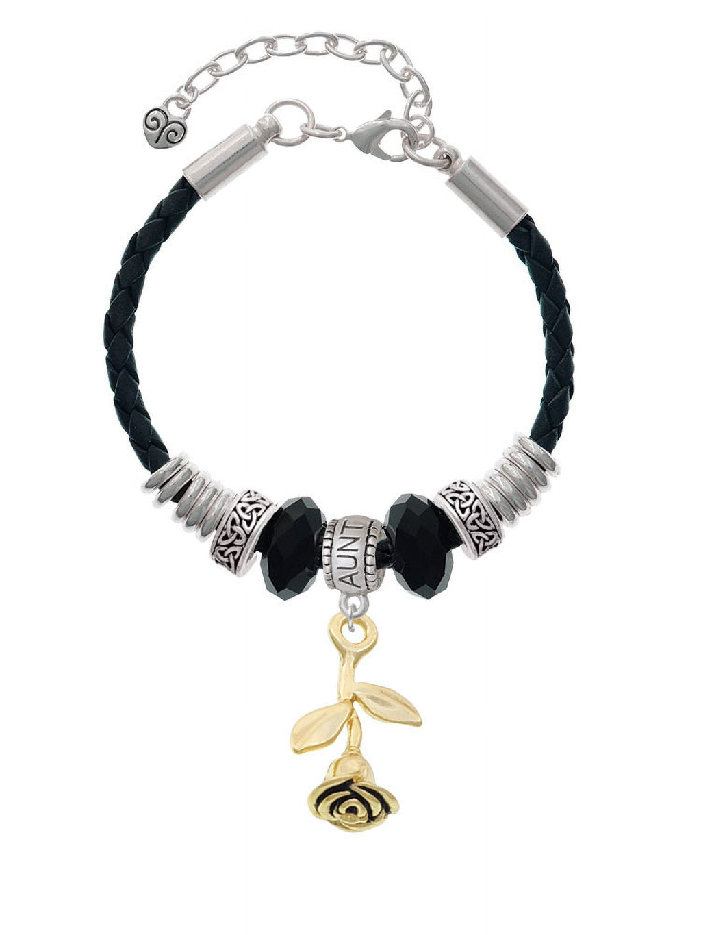 Delight Jewelry Goldtone Sizetemmed Rose Aunt Celtic Knot Leather Bead Bracelet, 7"+2" Extender