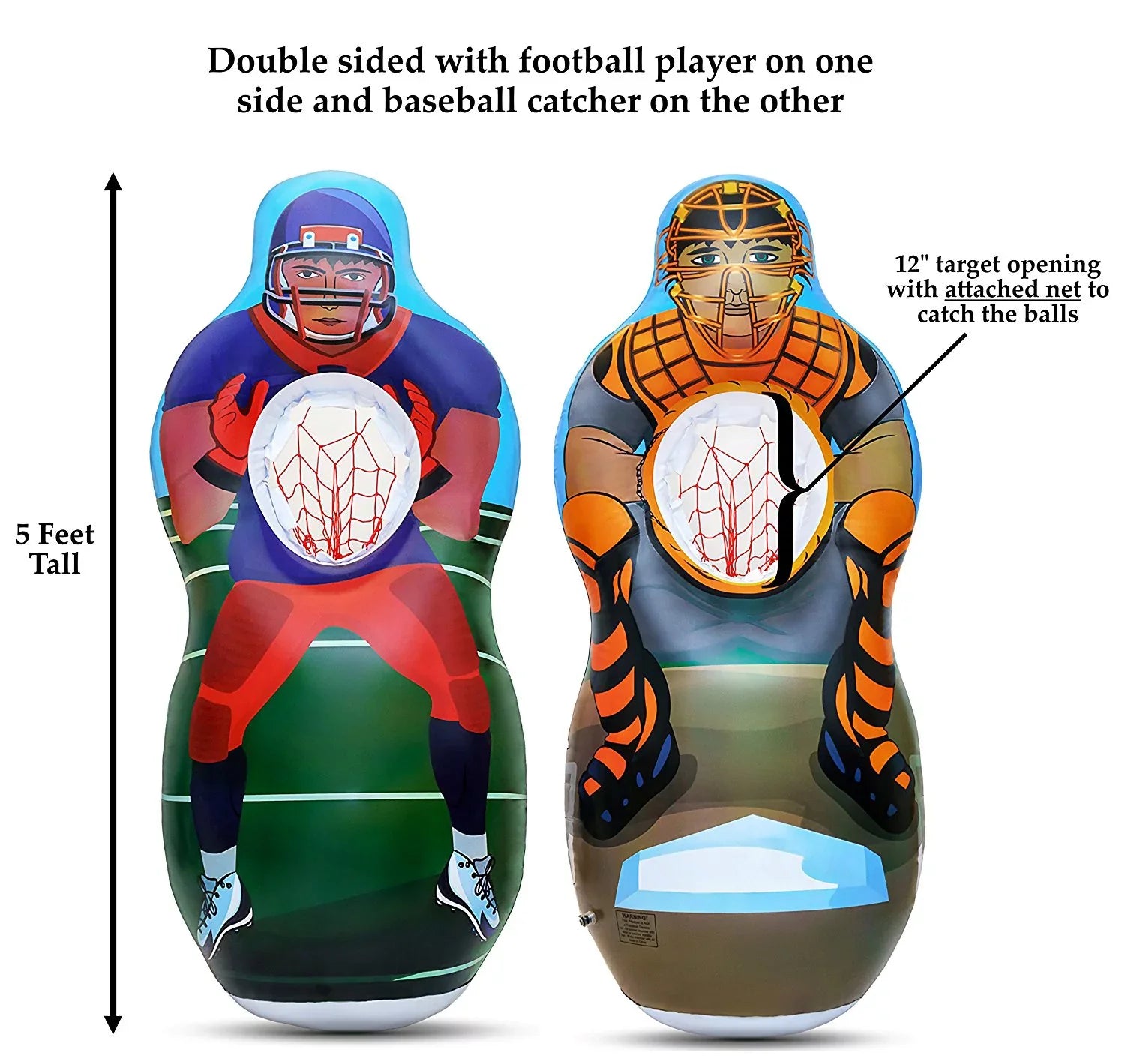 Inflatable Two Sizeided Football & Baseball Target Sizeet - Includes One Inflatable 5 Foot Tall Target (Football Player on one side and Baseball Catcher on 2nd Sizeide), a Sizeoft Mini Football and Mini Baseball