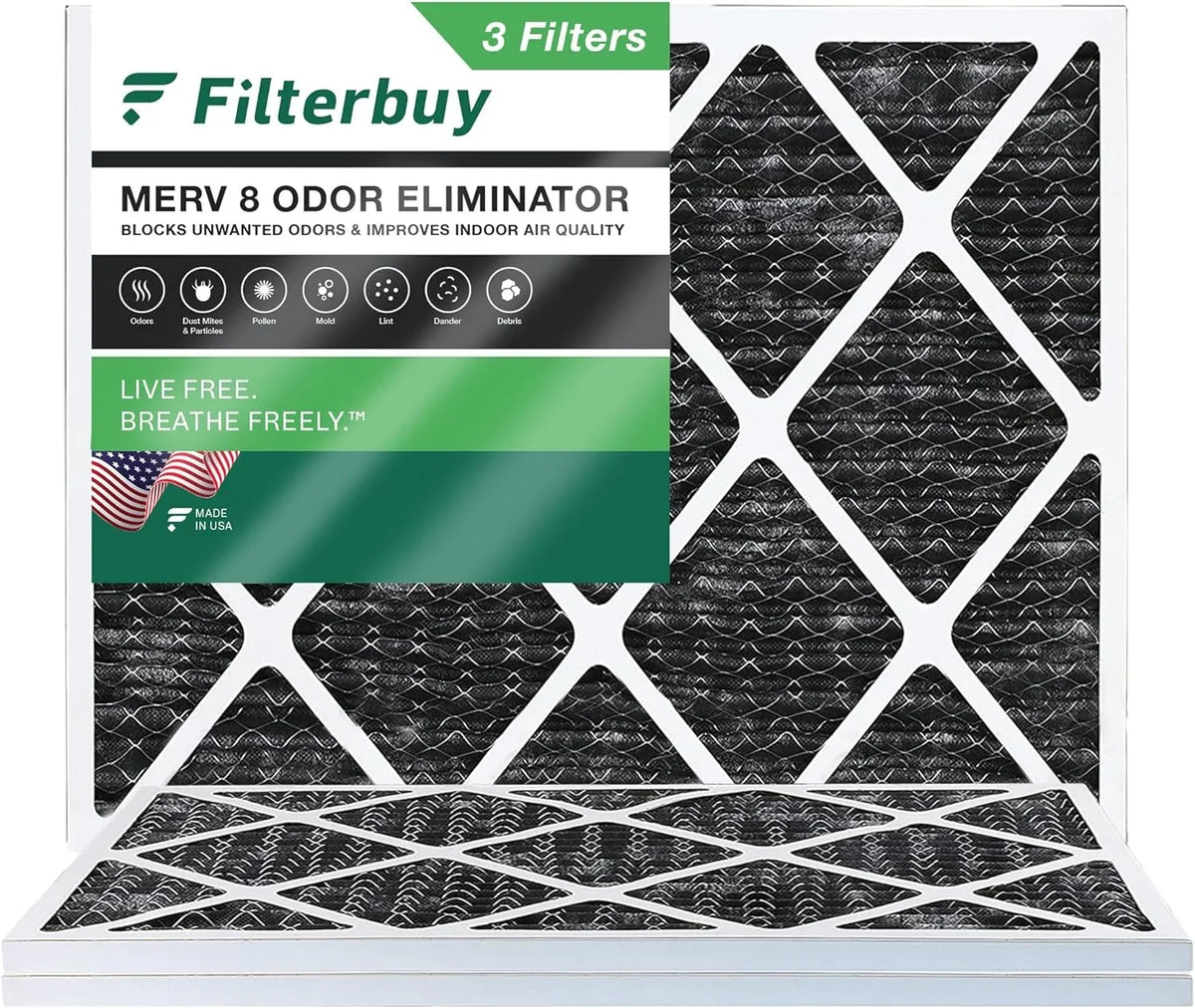 Filterbuy 20x23x1 MERV 8 Odor Eliminator Pleated HVAC AC Furnace Air Filters with Activated Carbon (3-Pack)