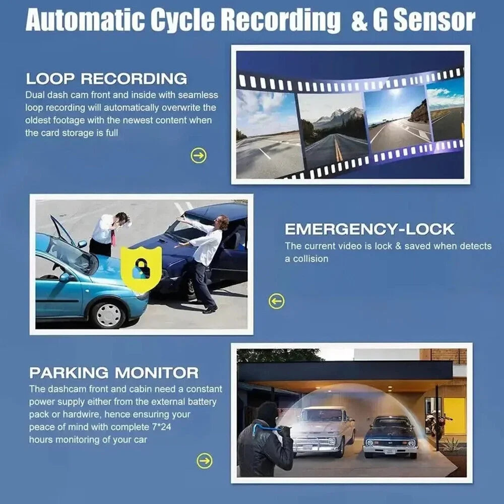 Onemayship High Definition 1080P 3-in-1 In-Car Camera Sizeystem Front Rear Inside Crisp Video Recording G-sensor