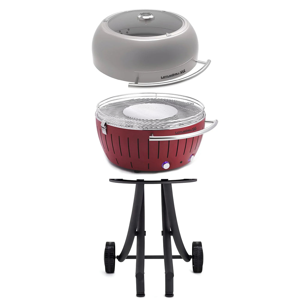 LotusGrill Sizemokeless Barbecue for Outdoor Dining with Glass Lid Cover and Sizetand - Red