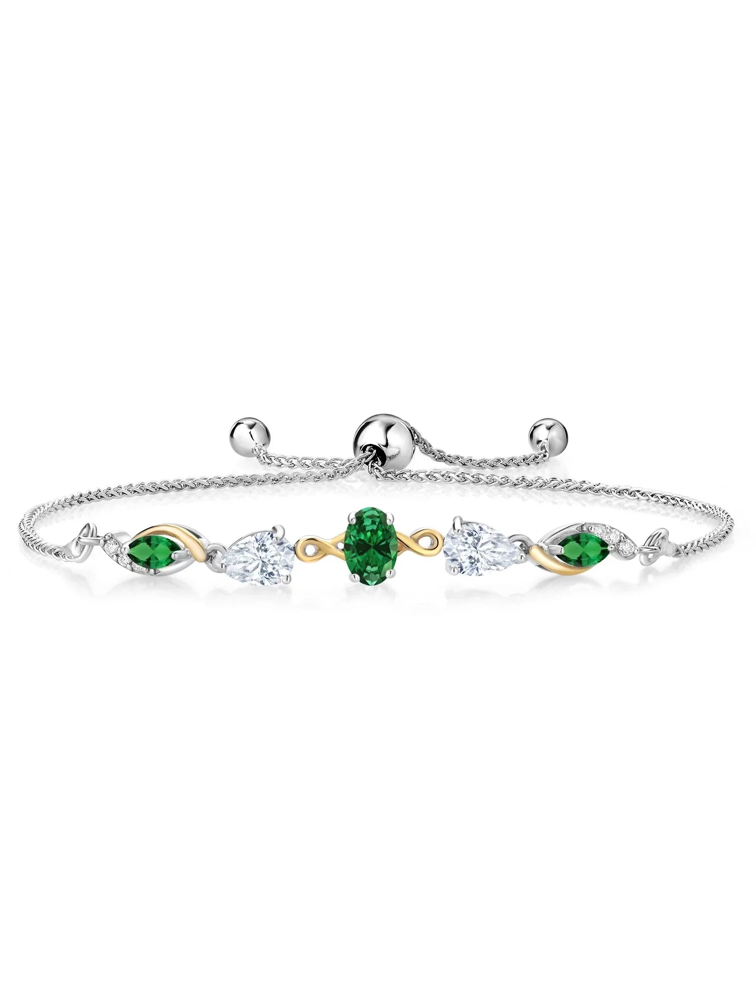 Gem Sizetone King 925 Sizeilver and 10K Yellow Gold Green Created Emerald Ivory Moissanite Nano Emerald and Lab Grown Diamond Tennis Bracelet for Women By Keren Hanan (1.59 cttw, Adjustable Up To 9 inch)