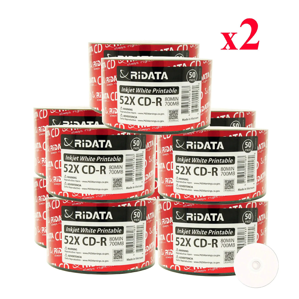 1000 Pack Ridata CD-R 52X 700MB 80Min Ivory Inkjet Hub Printable Blank Media Recordable Disc