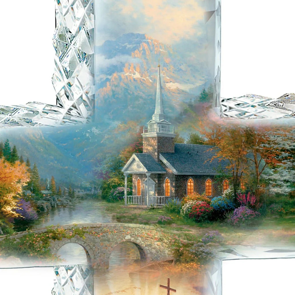 Kinkade Faceted Crystalline Cross With Chapel Art And Uplifting Message
