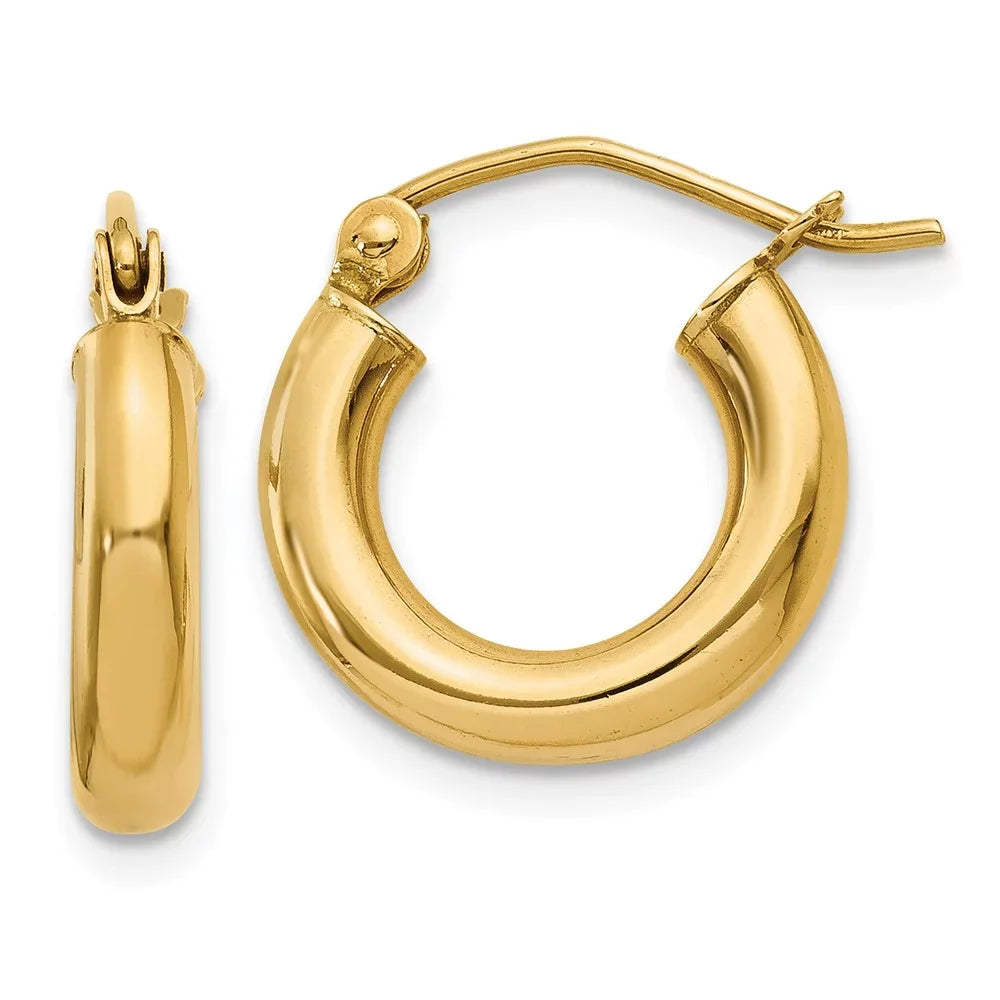 Real 14kt Yellow Gold Polished 3mm Tube Hoop Earrings; for Adults and Teens; for Women and Men