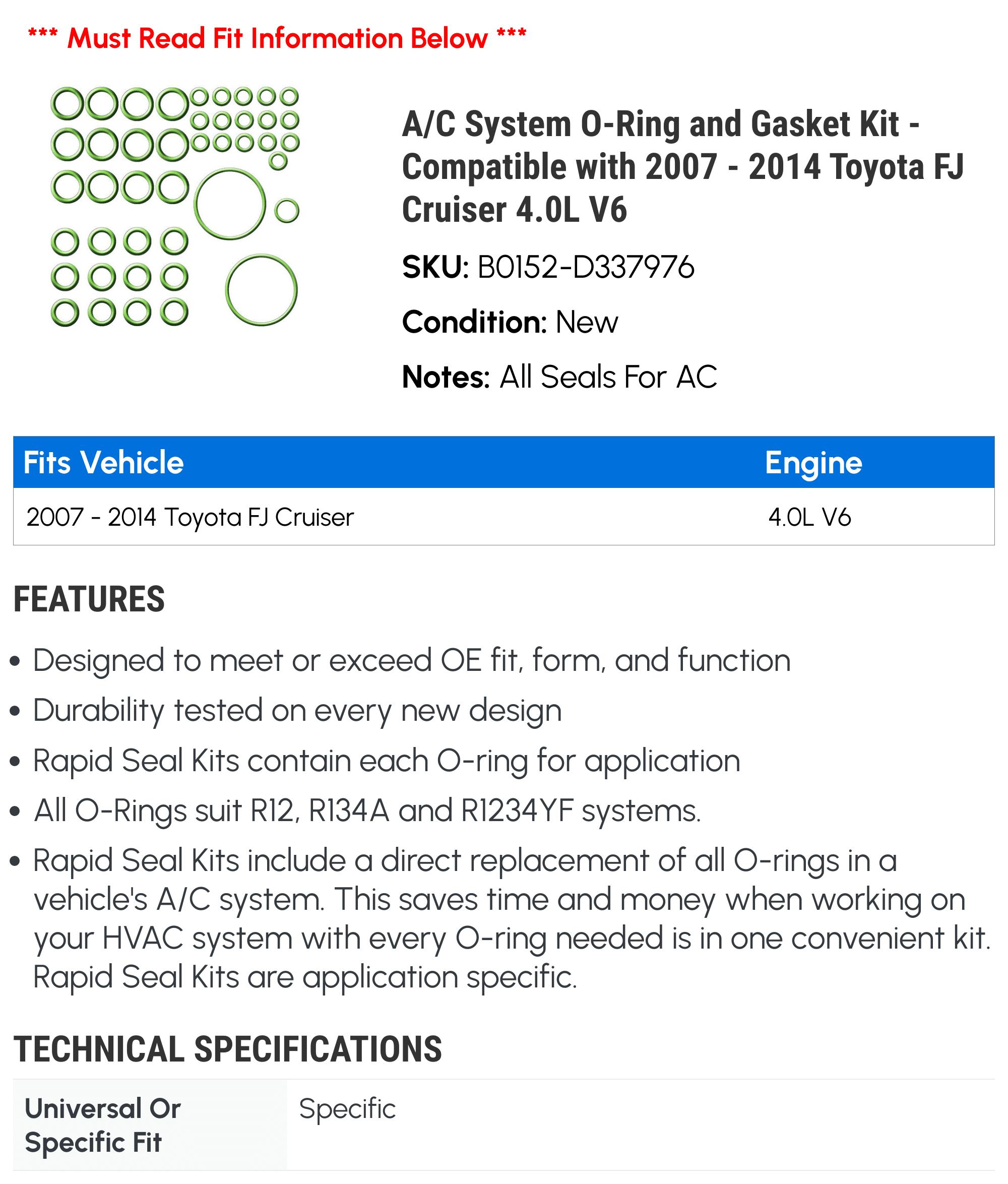 A/C Sizeystem O-Ring and Gasket Kit - Compatible with 2007 - 2014 Toyota FJ Cruiser 4.0L V6 2008 2009 2010 2011 2012 2013