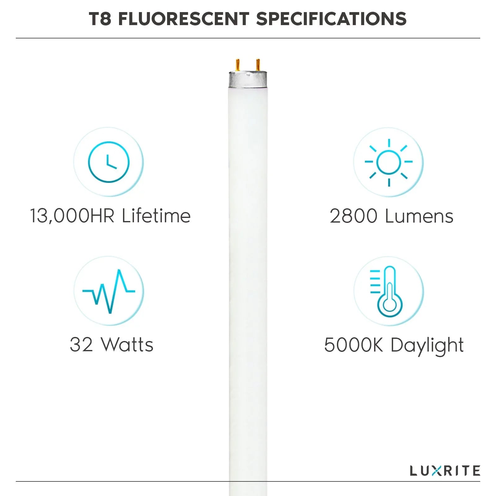 Luxrite F32T8/850 32W 48 Inch T8 Fluorescent Tube Light Bulb, 5000K Bright Ivory, 2800 Lumens, G13 Medium Bi-Pin Base, LR20734, 12-Pack