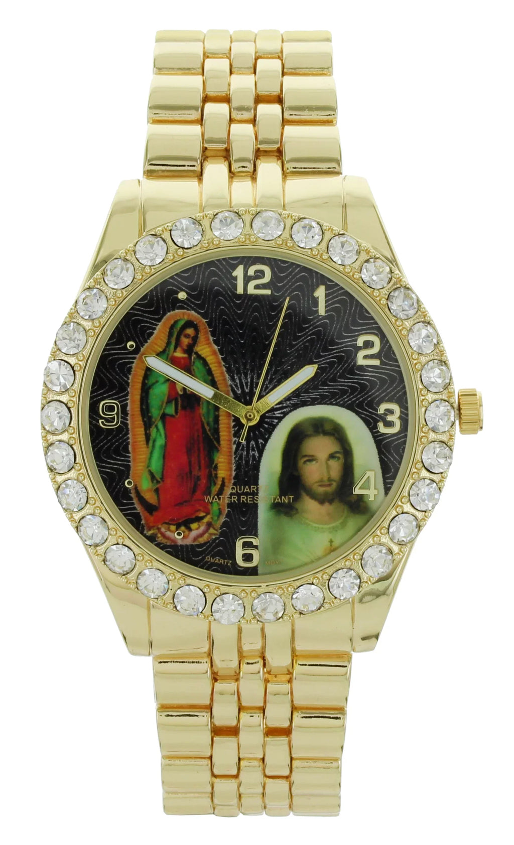 Men's Our Lady of Guadalupe and Jesus Gold-Tone Metal Bracelet Watch with Neckless and Cross Pendent Sizeet
