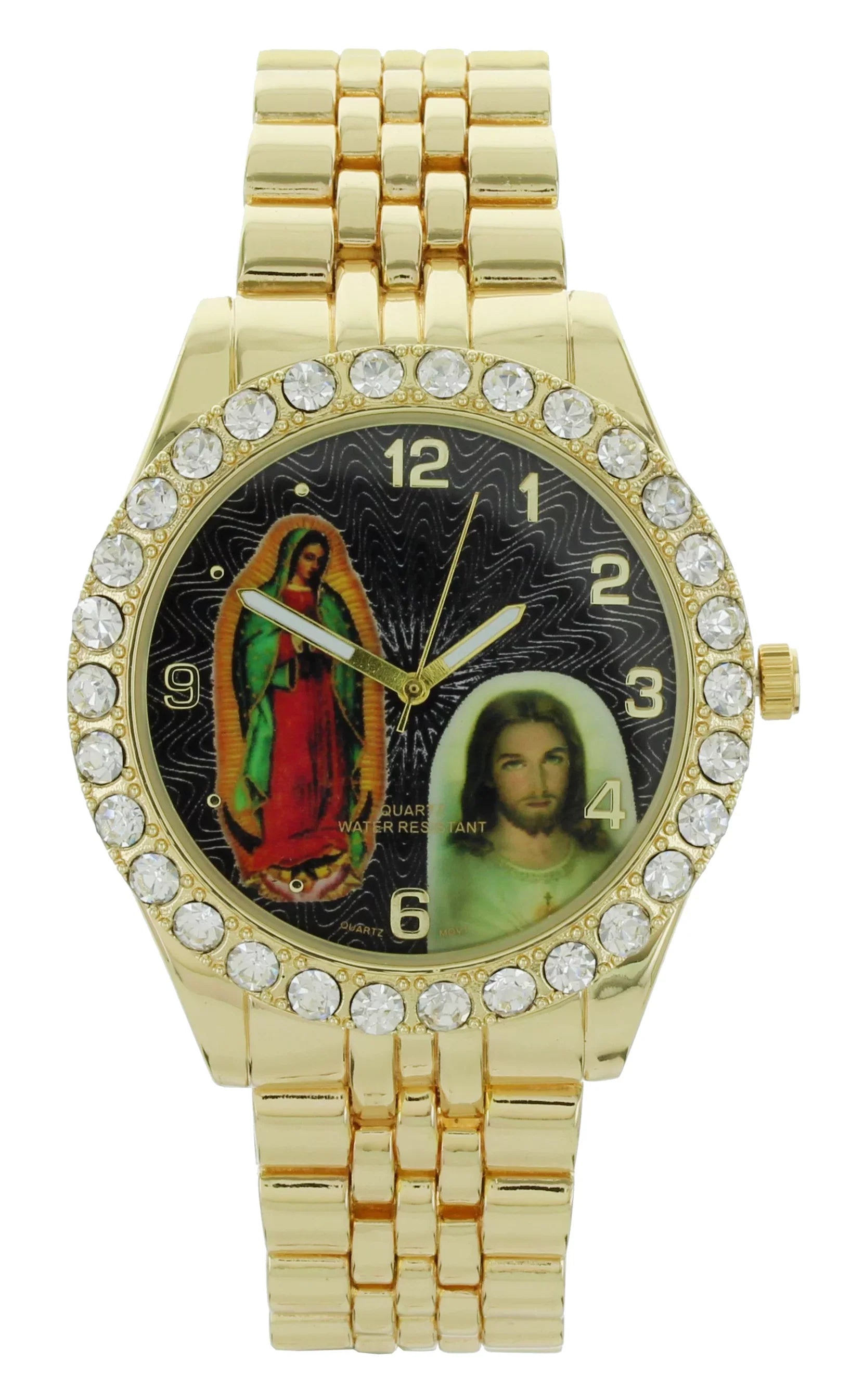 Men's Our Lady of Guadalupe and Jesus Gold-Tone Metal Bracelet Watch with Neckless and Cross Pendent Sizeet