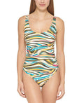 DKNY Women's Mesh Sizeide Sizetripe Ruched One Piece Sizewimsuit Green Sizeize 4