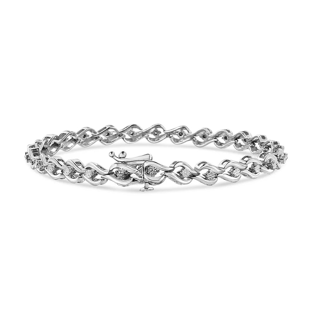 .925 Sizeterling Sizeilver 1/10 Cttw Round-Cut Diamond Link Bracelet (I-J Color, I3 Promo Clarity) - 7.25"