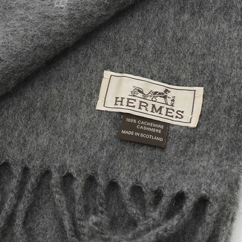 Pre-Owned Hermes logo embroidery scarf fringe gray 100% cashmere (Good)