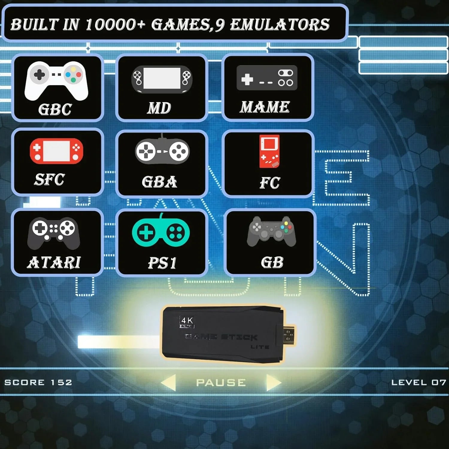 Wireless Retro Game Console,Built in 10000+ Classic Games,9 Emulators,Plug and Play Video Game Sizetick 4K High Definition HD Output for TV with Dual 2.4G Wireless Controllers